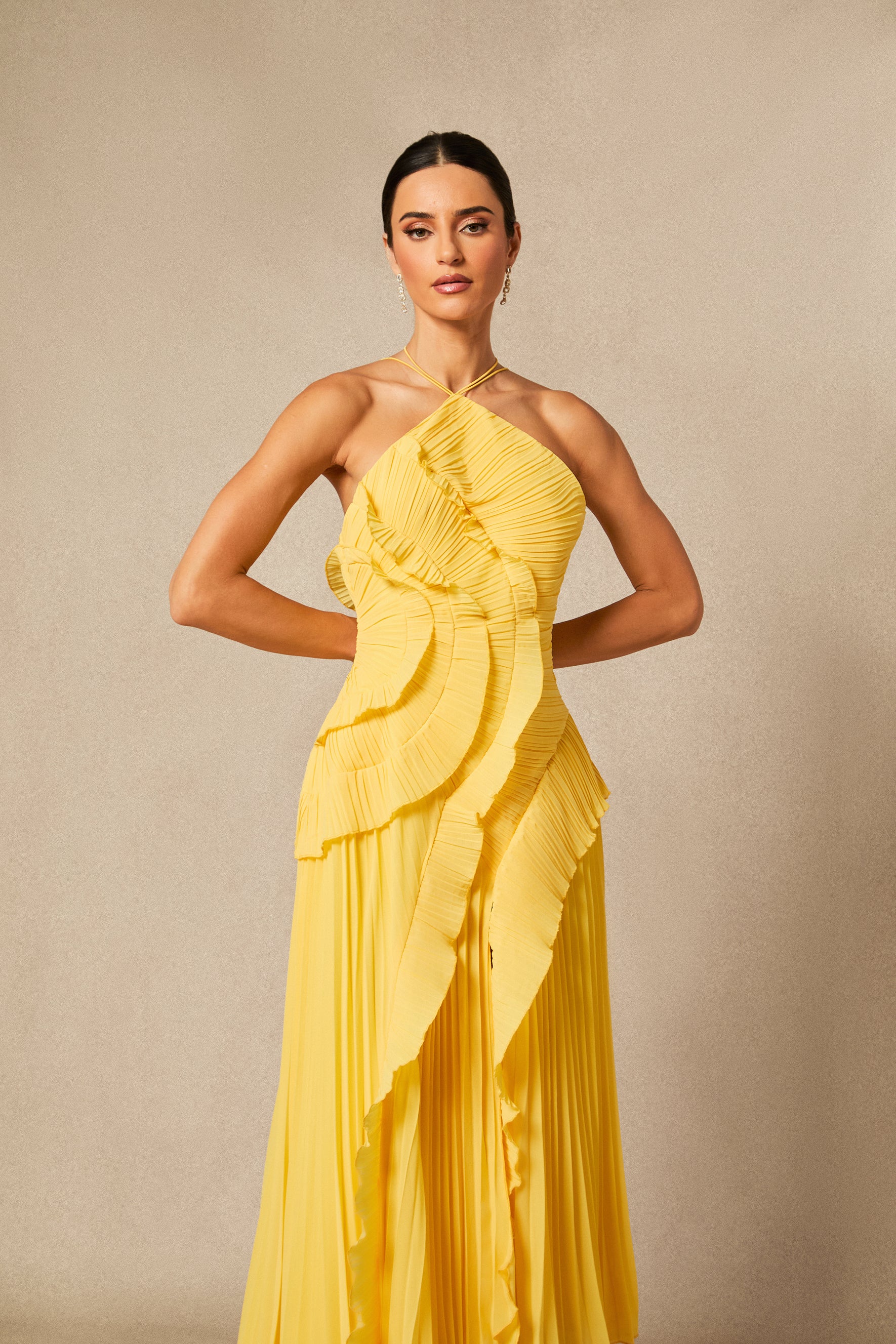 Nina Asymmetry Pleated Halterneck Midi Dress