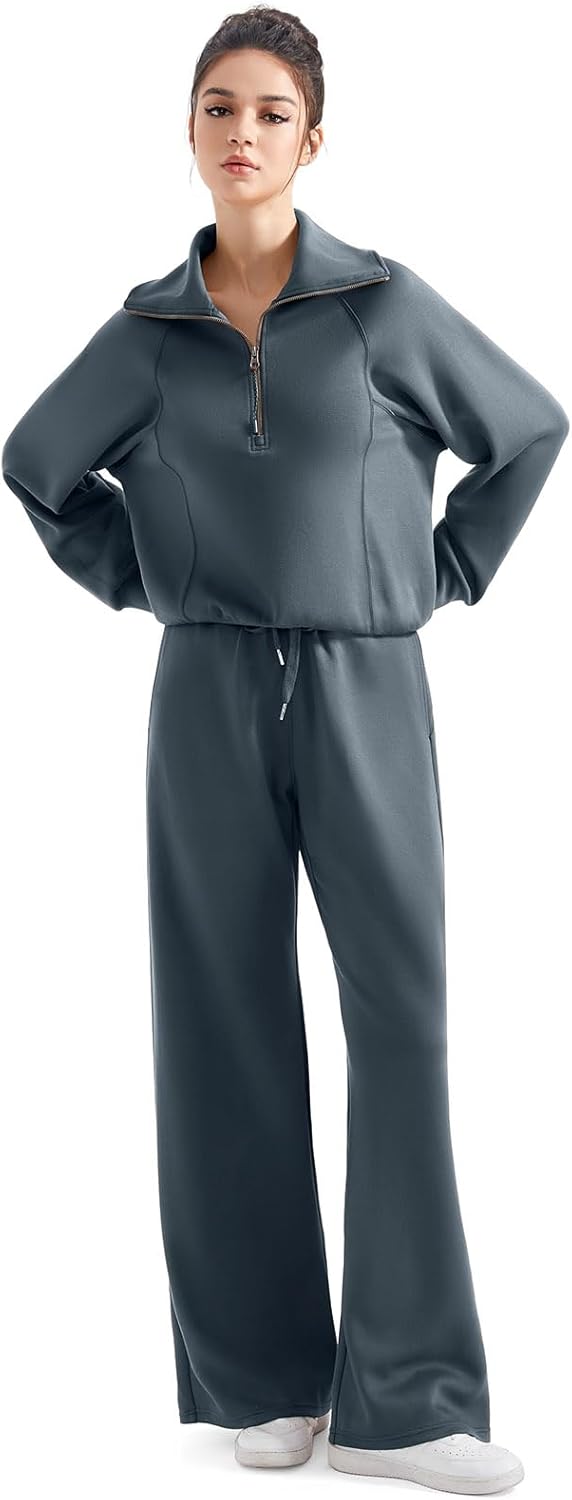 SUUKSESS Women 2 Piece Lounge Matching Set Wide Leg Sweatpant Half Zip Sweatshirt