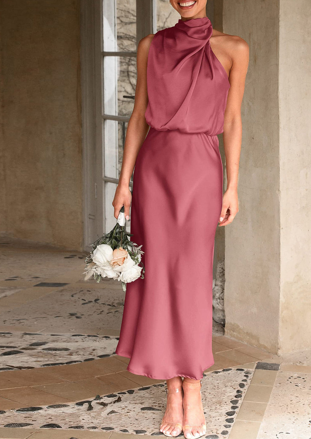 Women's Summer Satin Dress Elegant Sleeveless Mock Neck Cocktail Party Maxi Dresses