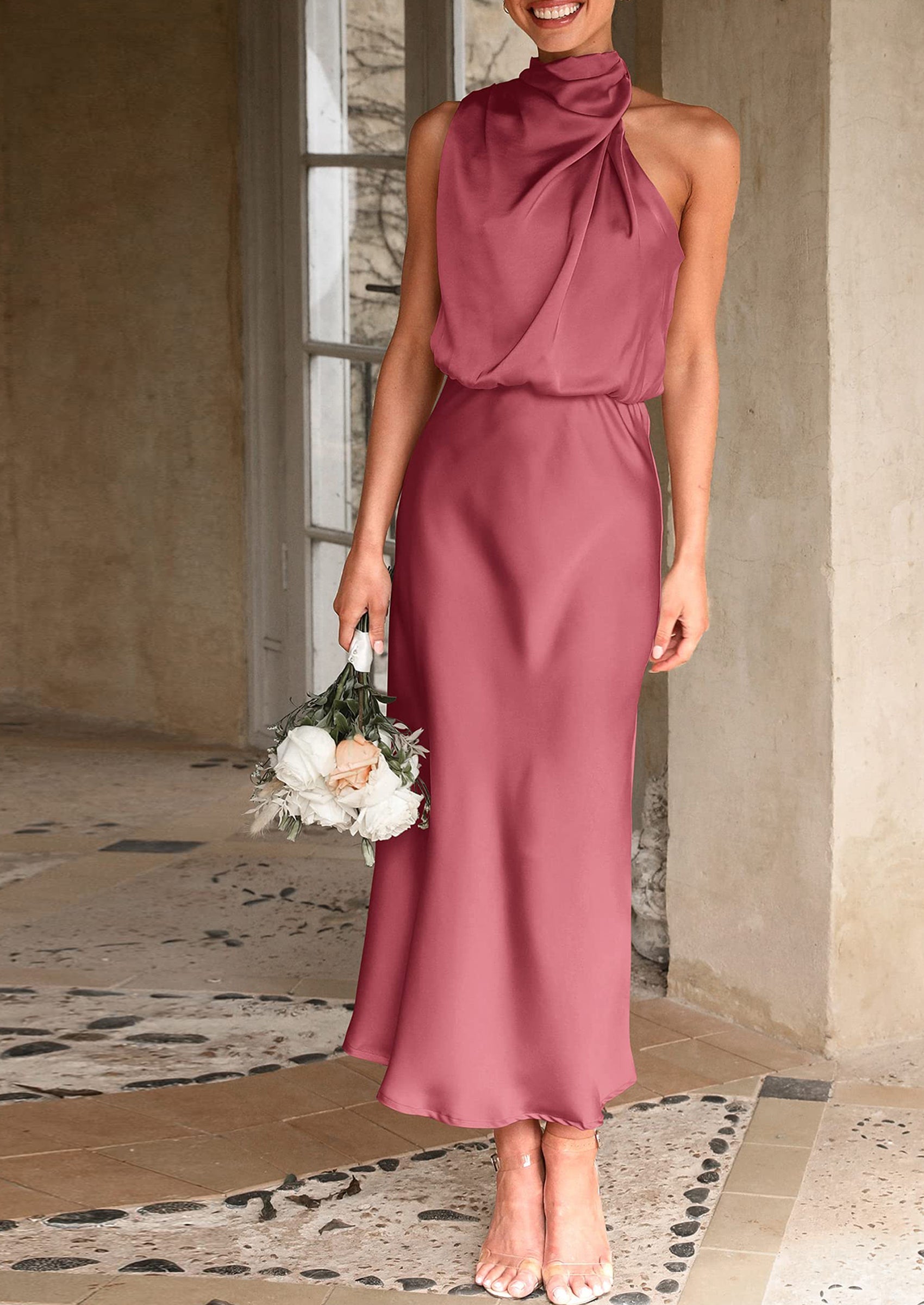 Women's Summer Satin Dress Elegant Sleeveless Mock Neck Cocktail Party Maxi Dresses