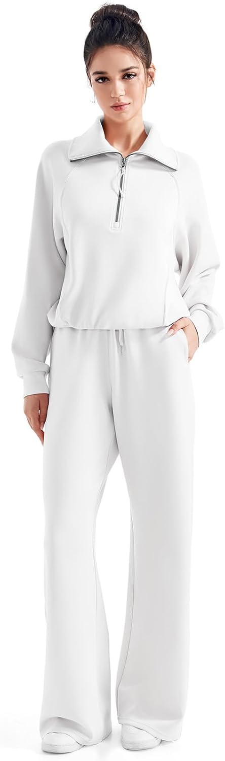 SUUKSESS Women 2 Piece Lounge Matching Set Wide Leg Sweatpant Half Zip Sweatshirt