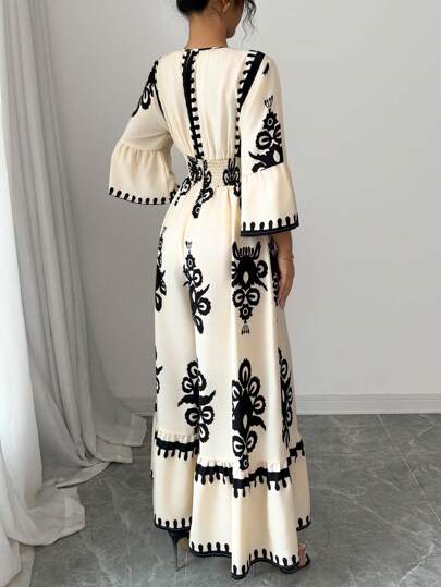 Elenzga Women's Print Batwing Sleeve Deep V Neck Ruched Jumpsuits For Vacation