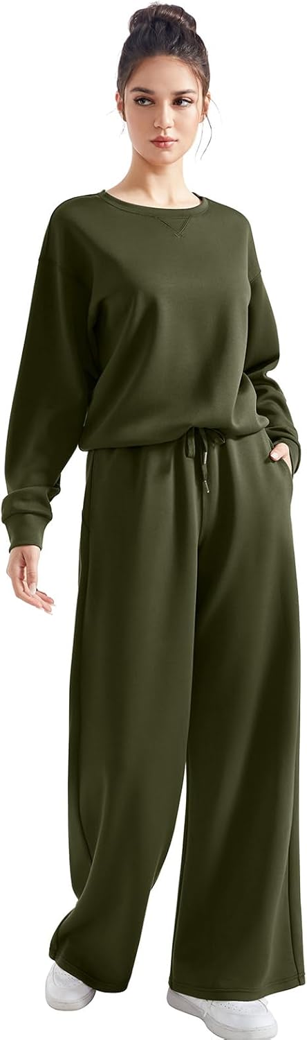 SUUKSESS Women Modal Fall 2 piece outfits Oversized Sweatshirt Wide Leg Pants