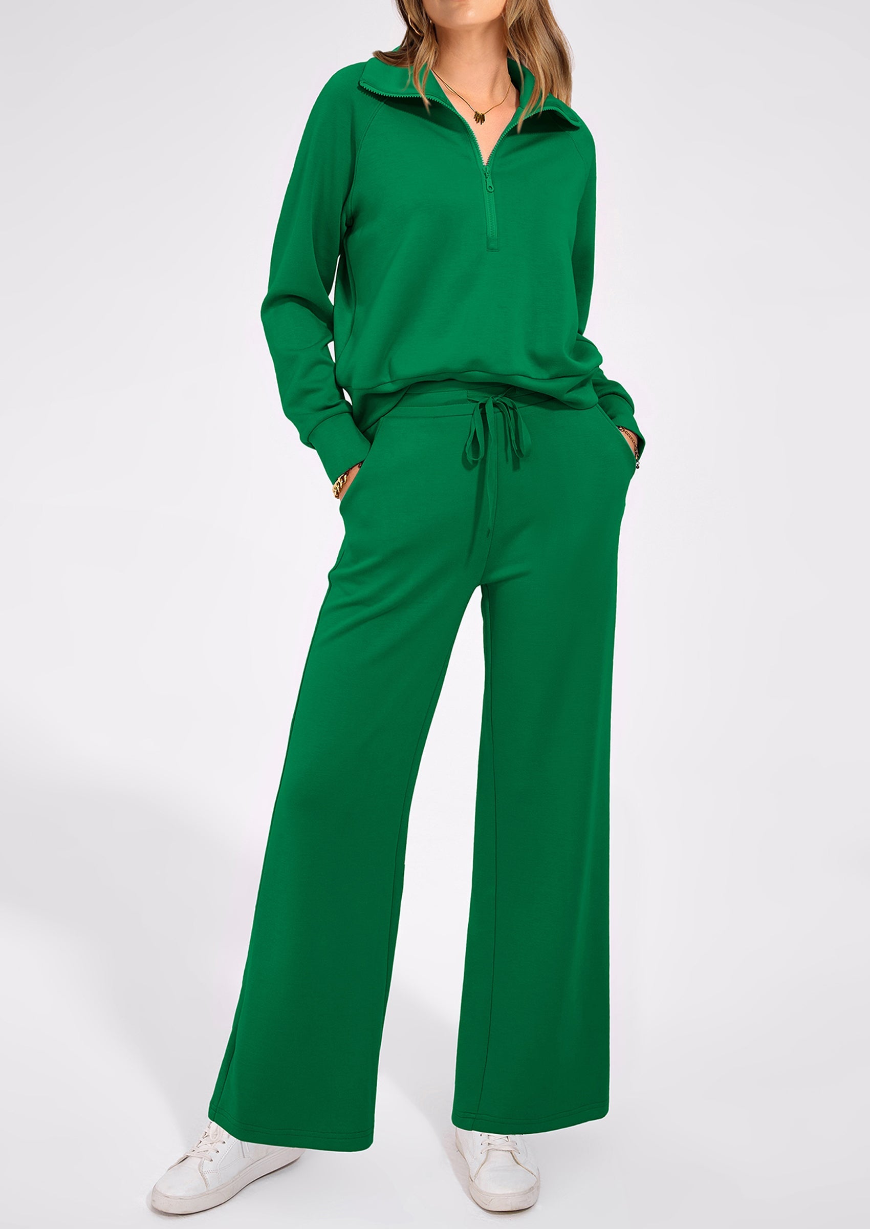 Women's 2 Piece Outfits Casual Lapel Half Zip Sweatshirts And Wide Leg Pants Tracksuit Sets