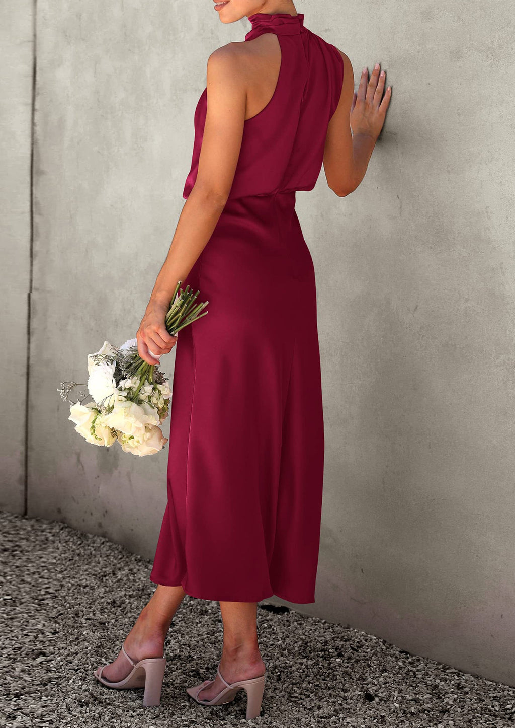 Women's Summer Satin Dress Elegant Sleeveless Mock Neck Cocktail Party Maxi Dresses