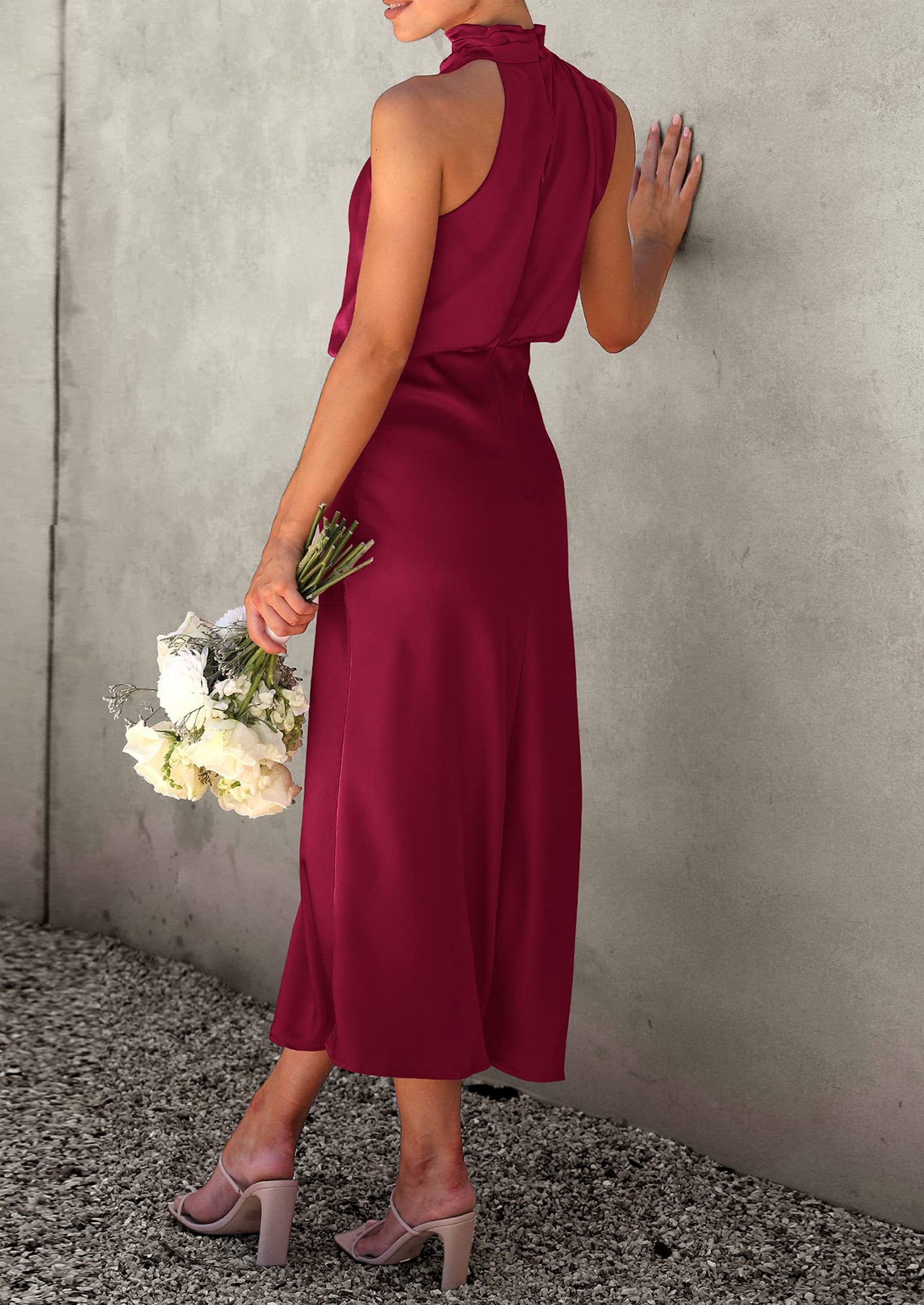 Women's Summer Satin Dress Elegant Sleeveless Mock Neck Cocktail Party Maxi Dresses