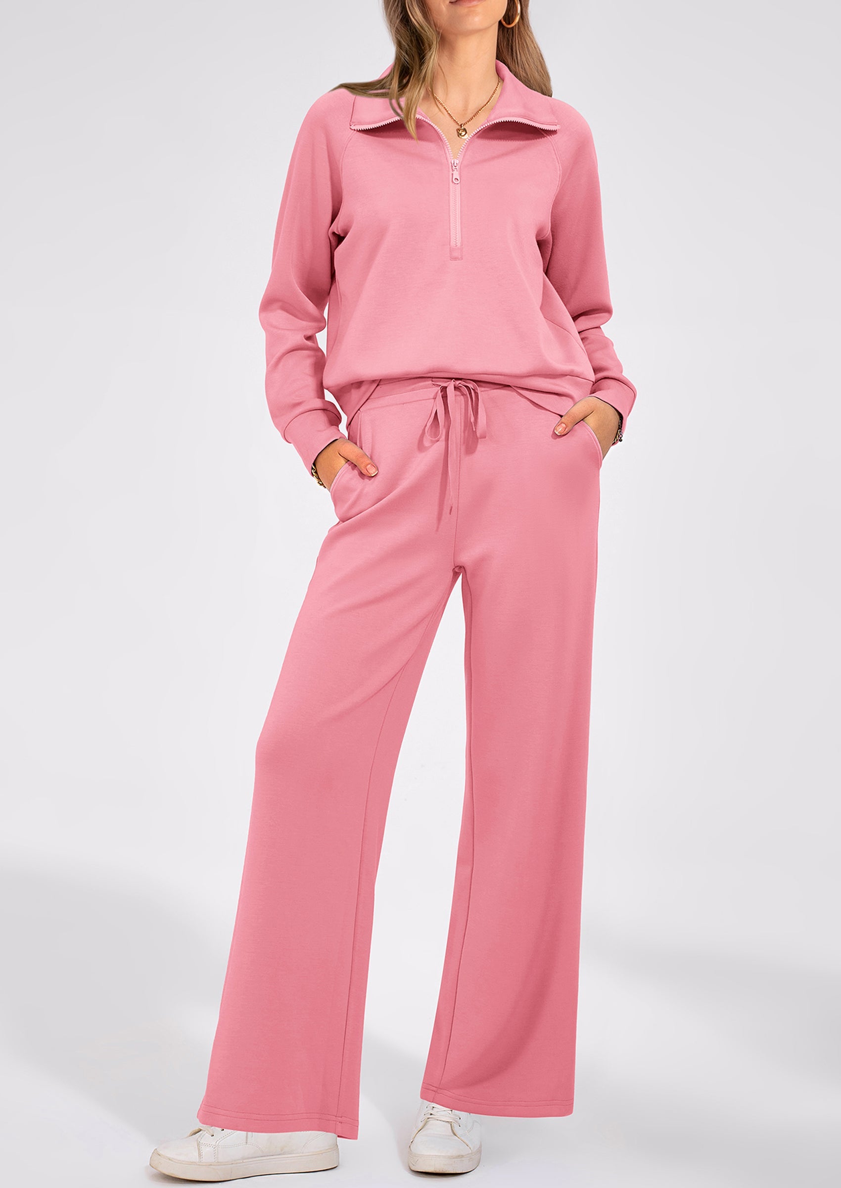 Women's 2 Piece Outfits Casual Lapel Half Zip Sweatshirts And Wide Leg Pants Tracksuit Sets