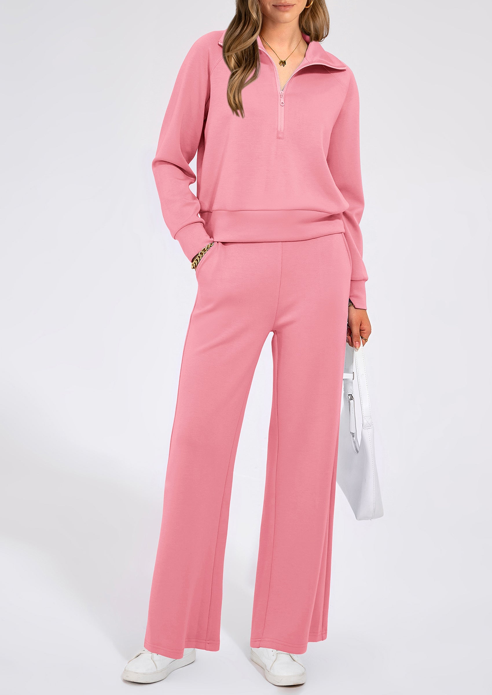 Women's 2 Piece Outfits Casual Lapel Half Zip Sweatshirts And Wide Leg Pants Tracksuit Sets