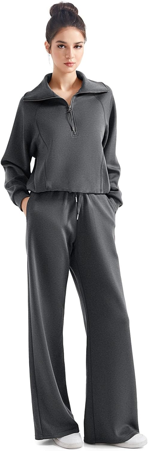 SUUKSESS Women 2 Piece Lounge Matching Set Wide Leg Sweatpant Half Zip Sweatshirt