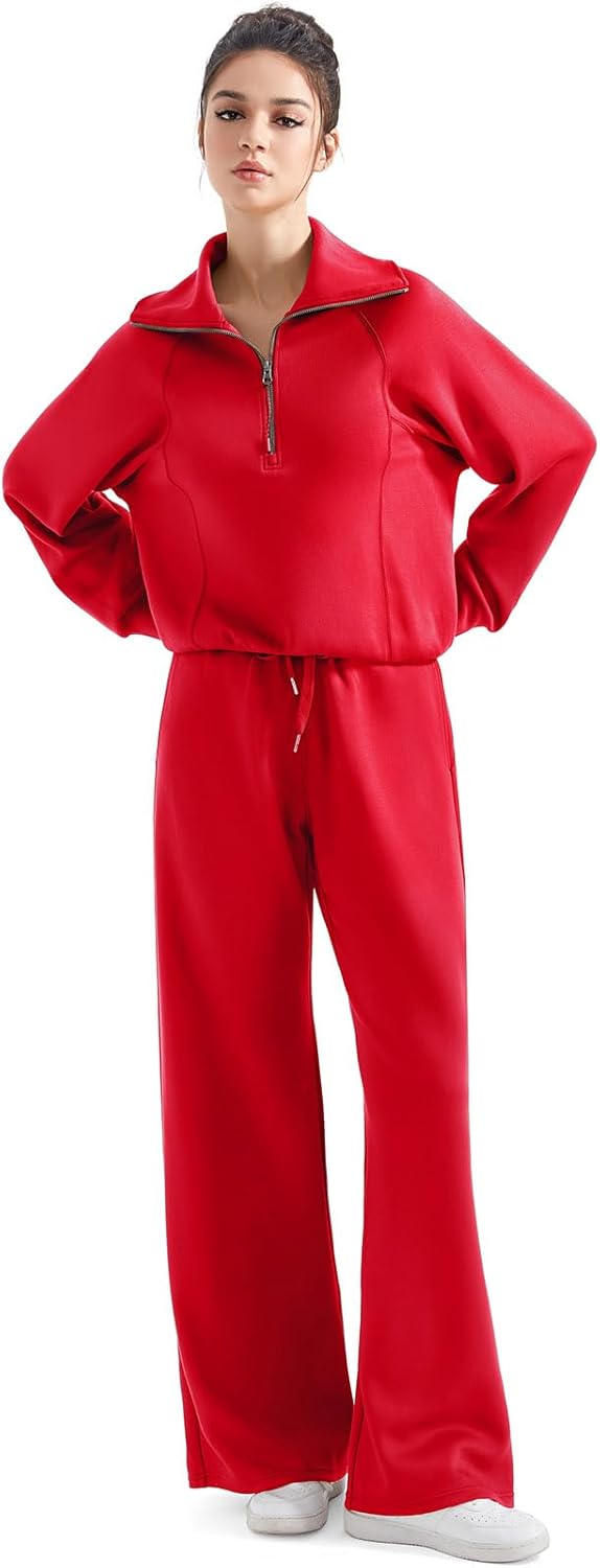 SUUKSESS Women 2 Piece Lounge Matching Set Wide Leg Sweatpant Half Zip Sweatshirt