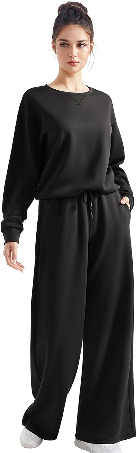 SUUKSESS Women Modal Fall 2 piece outfits Oversized Sweatshirt Wide Leg Pants