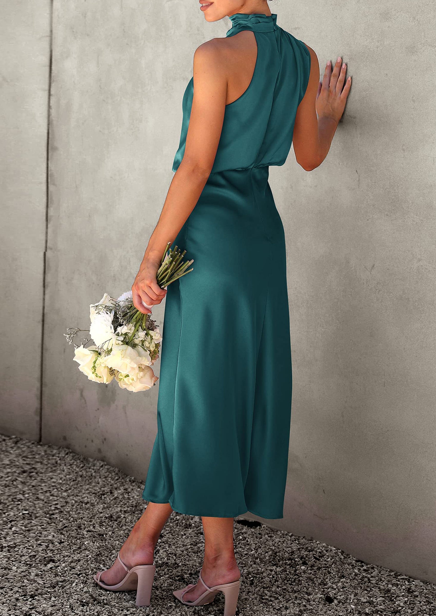 Women's Summer Satin Dress Elegant Sleeveless Mock Neck Cocktail Party Maxi Dresses