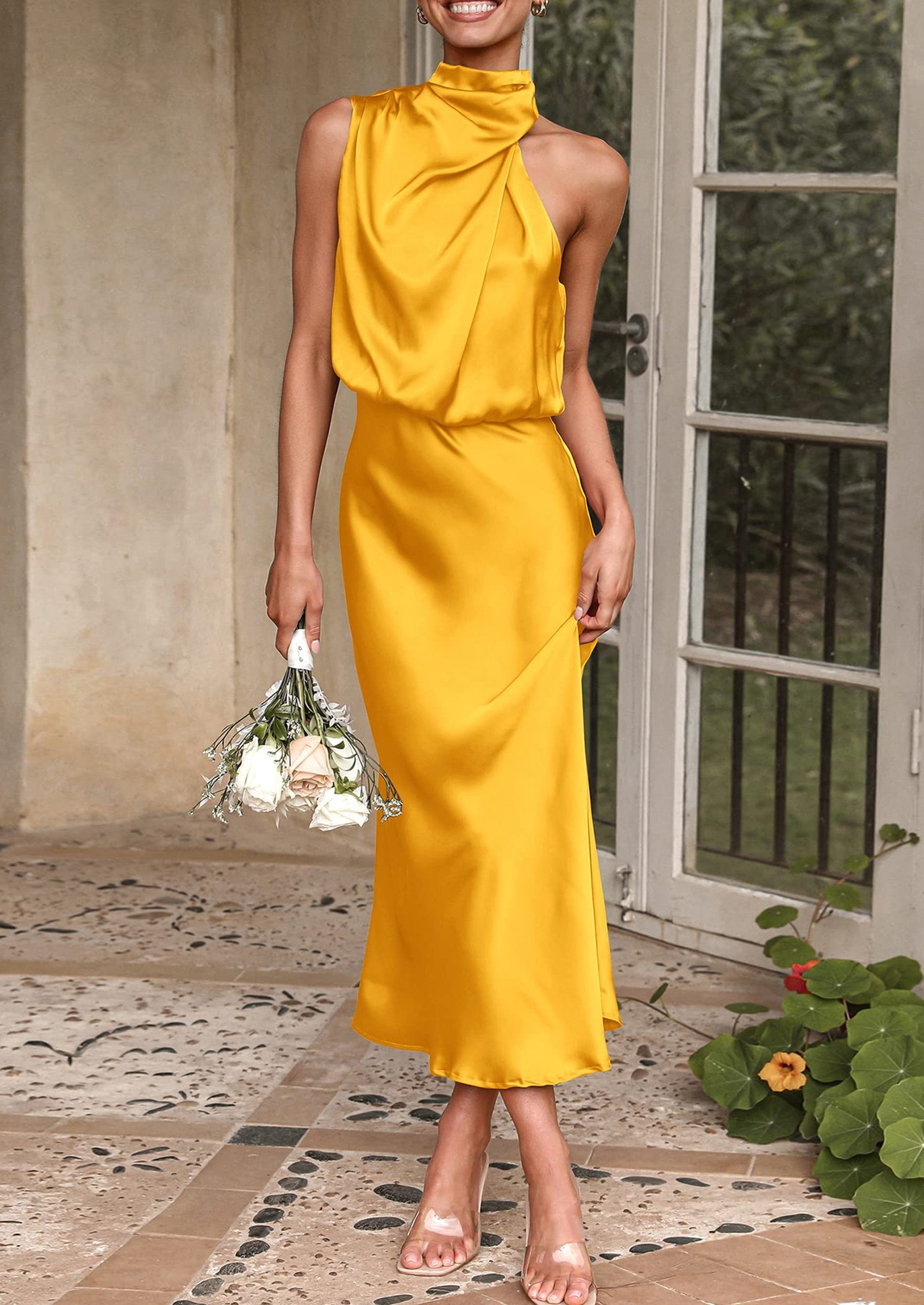 Women's Summer Satin Dress Elegant Sleeveless Mock Neck Cocktail Party Maxi Dresses