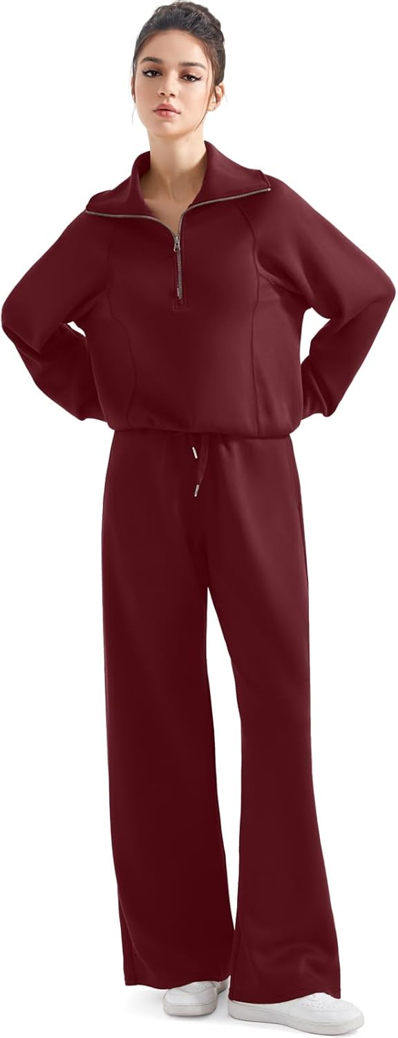 SUUKSESS Women 2 Piece Lounge Matching Set Wide Leg Sweatpant Half Zip Sweatshirt