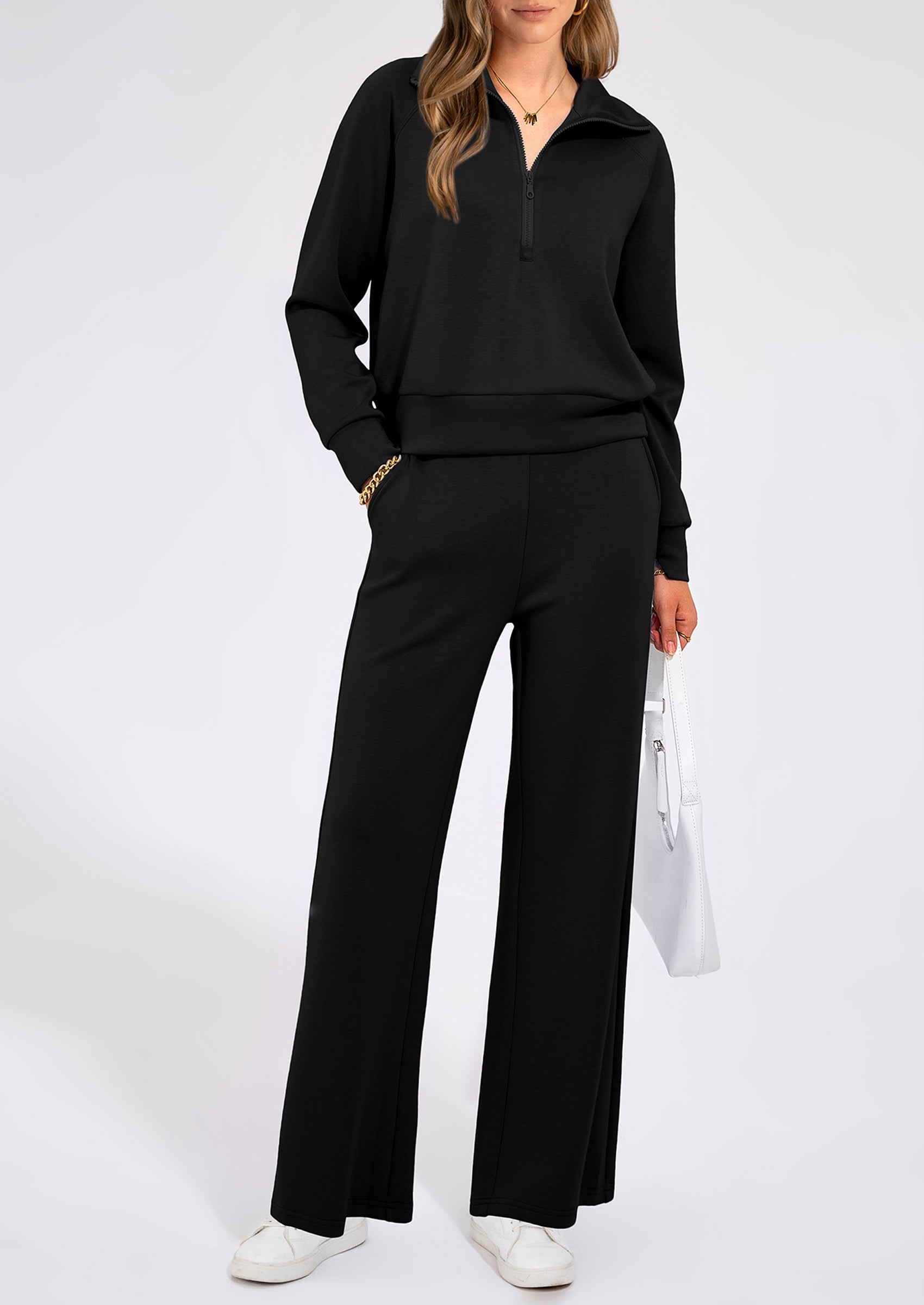 Women's 2 Piece Outfits Casual Lapel Half Zip Sweatshirts And Wide Leg Pants Tracksuit Sets