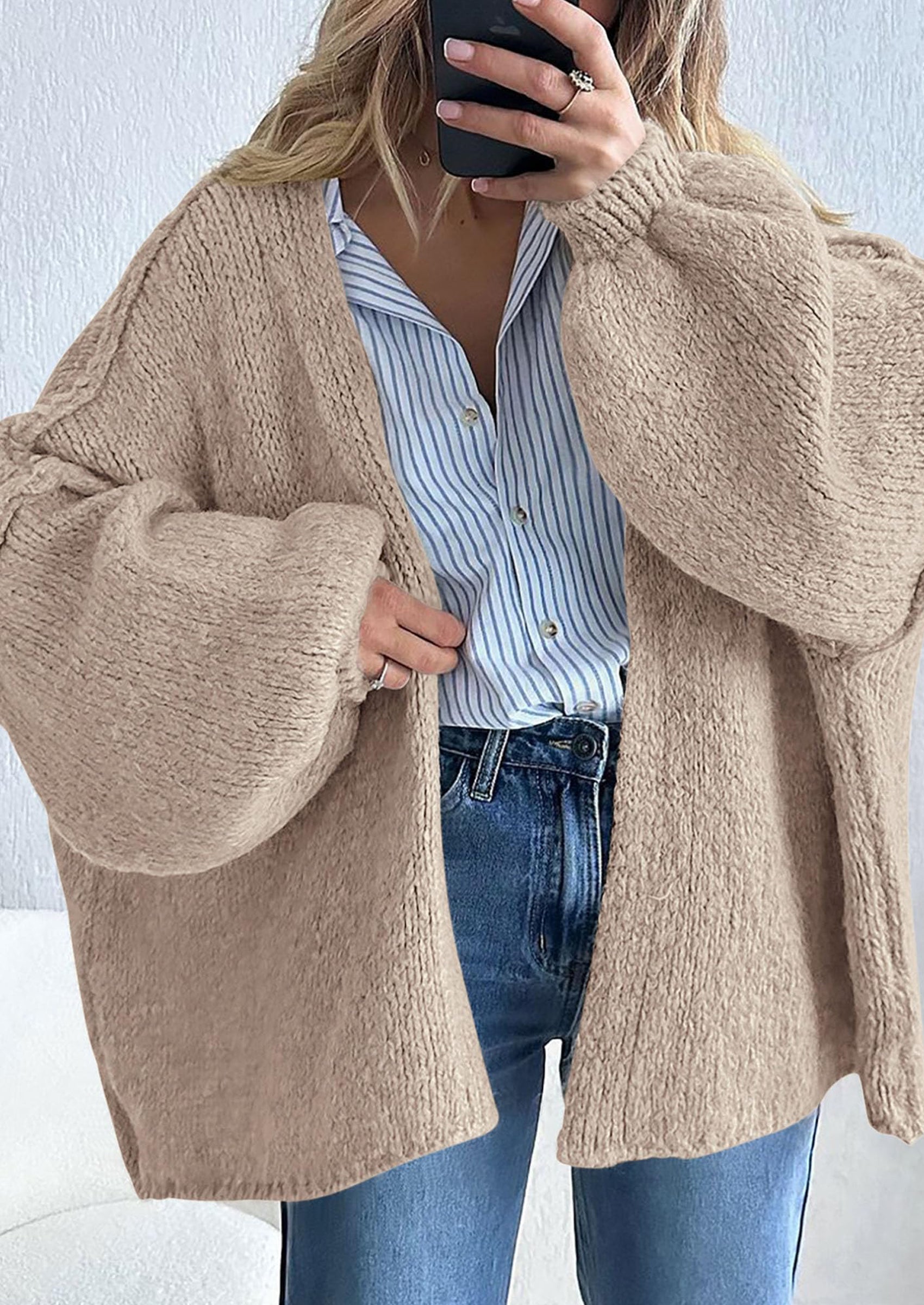Womens Oversized Cardigan Sweaters Fall Long Lantern Sleeve Knit Open Front Lightweight Sweater