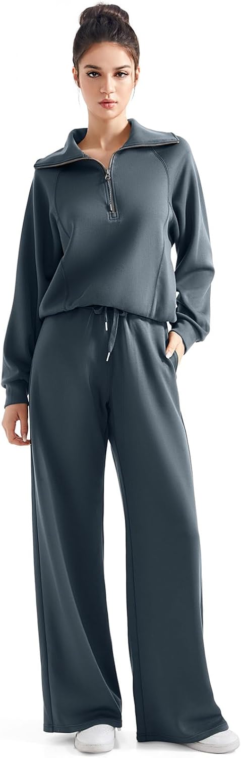 SUUKSESS Women 2 Piece Lounge Matching Set Wide Leg Sweatpant Half Zip Sweatshirt