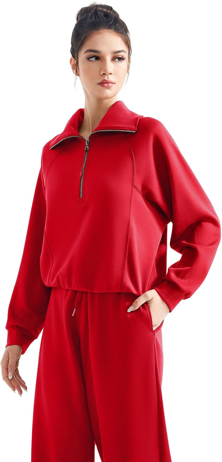 SUUKSESS Women 2 Piece Lounge Matching Set Wide Leg Sweatpant Half Zip Sweatshirt