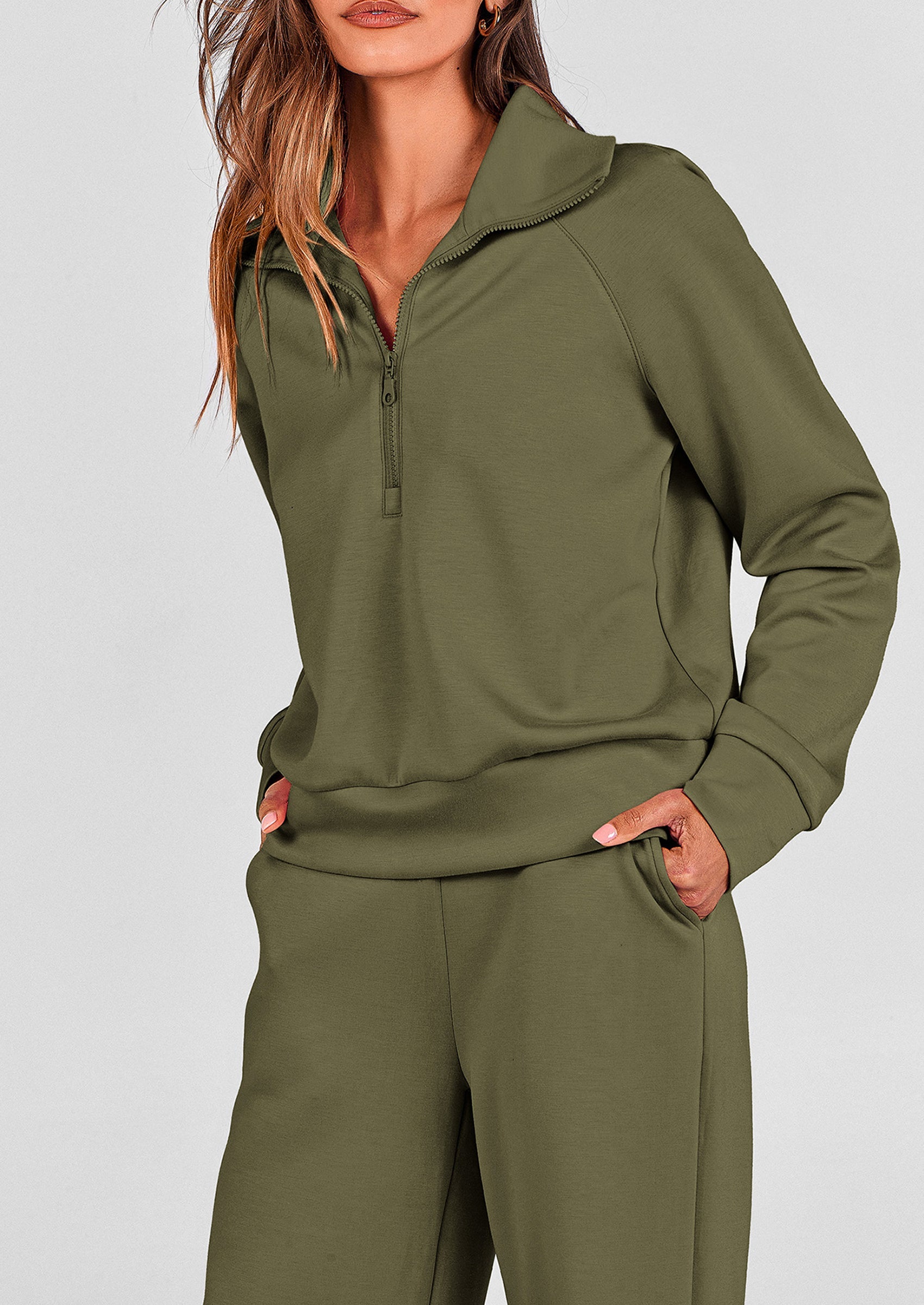 Women's 2 Piece Outfits Casual Lapel Half Zip Sweatshirts And Wide Leg Pants Tracksuit Sets