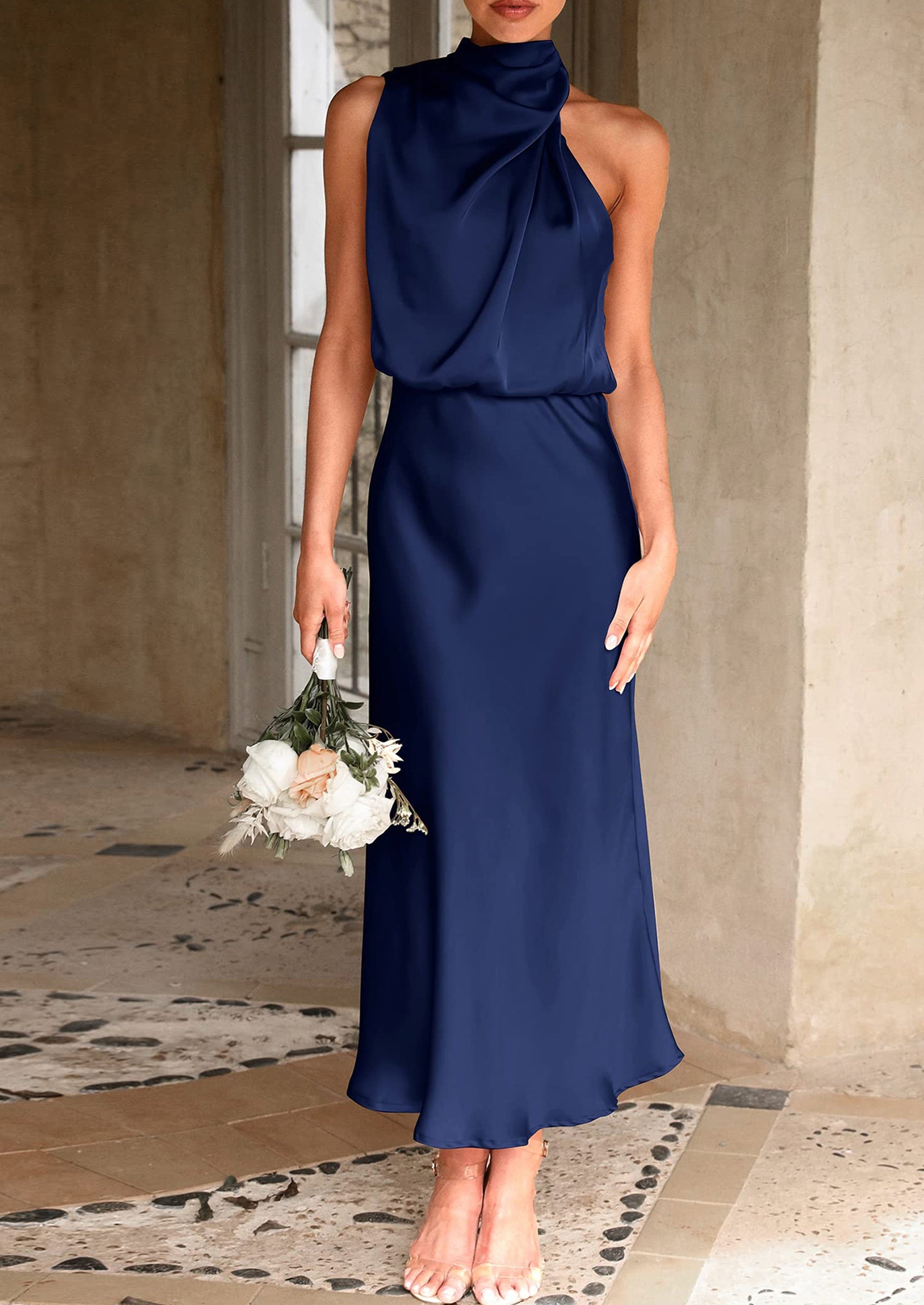 Women's Summer Satin Dress Elegant Sleeveless Mock Neck Cocktail Party Maxi Dresses