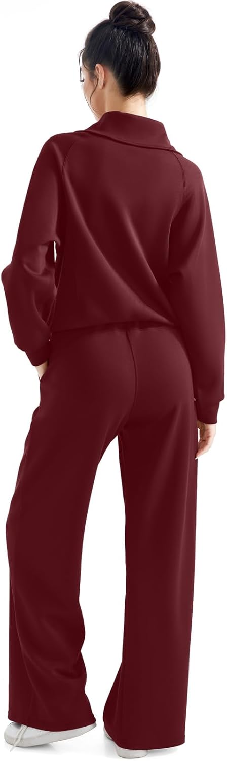 SUUKSESS Women 2 Piece Lounge Matching Set Wide Leg Sweatpant Half Zip Sweatshirt