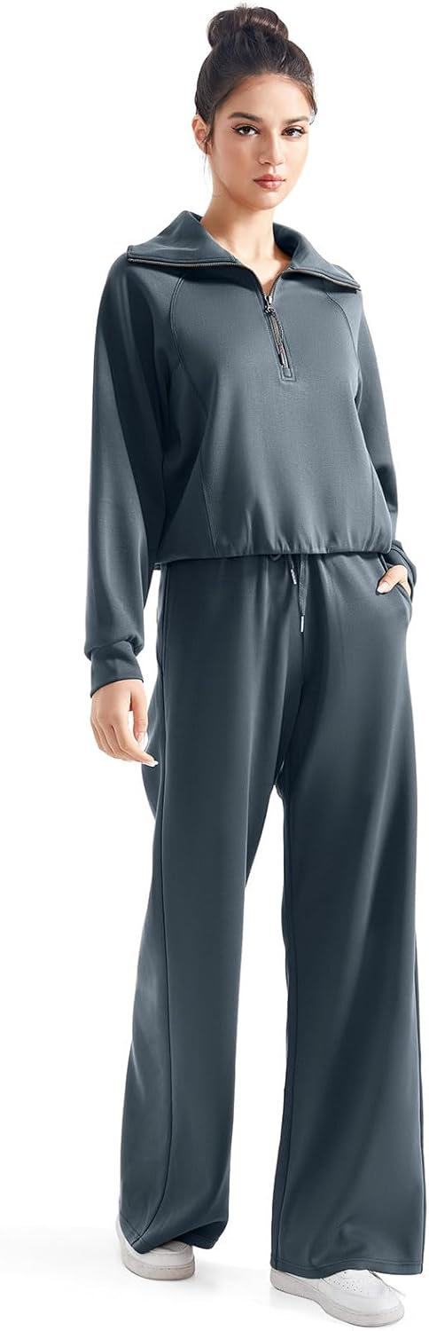 SUUKSESS Women 2 Piece Lounge Matching Set Wide Leg Sweatpant Half Zip Sweatshirt