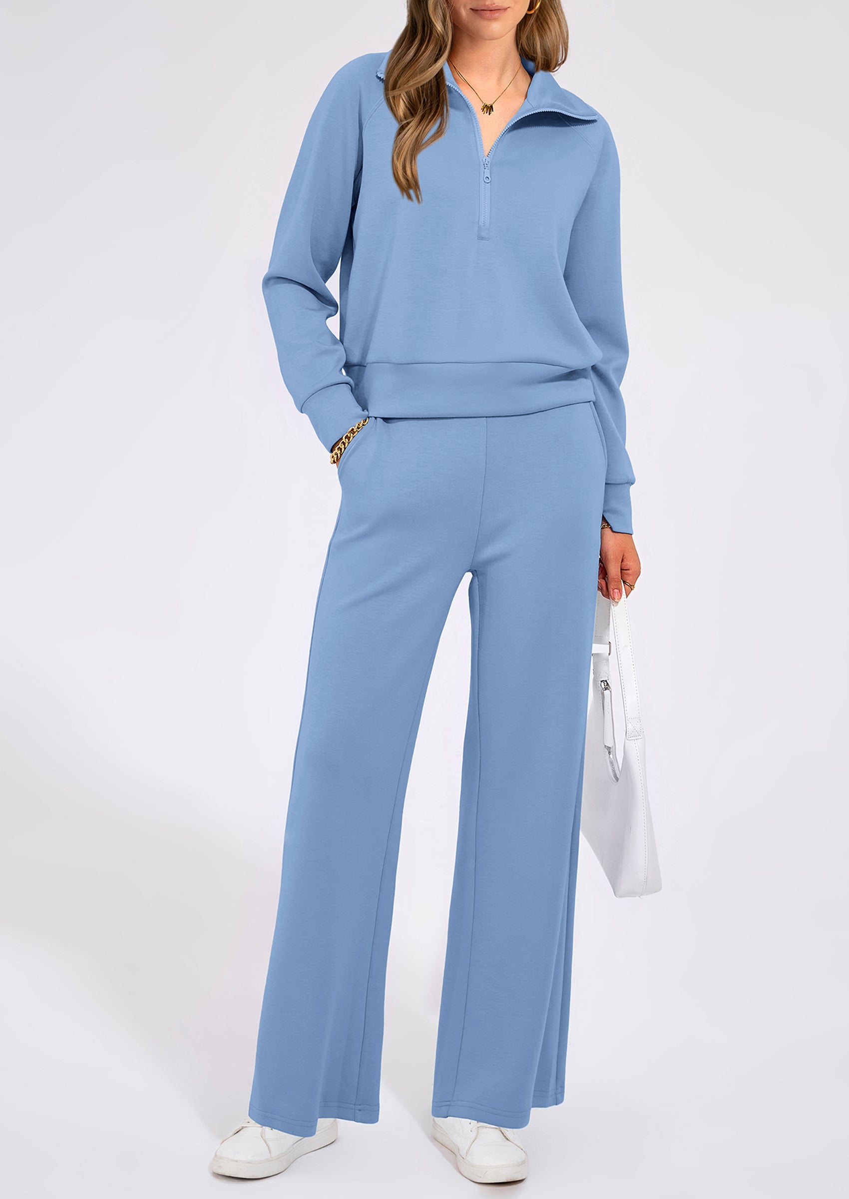 Women's 2 Piece Outfits Casual Lapel Half Zip Sweatshirts And Wide Leg Pants Tracksuit Sets