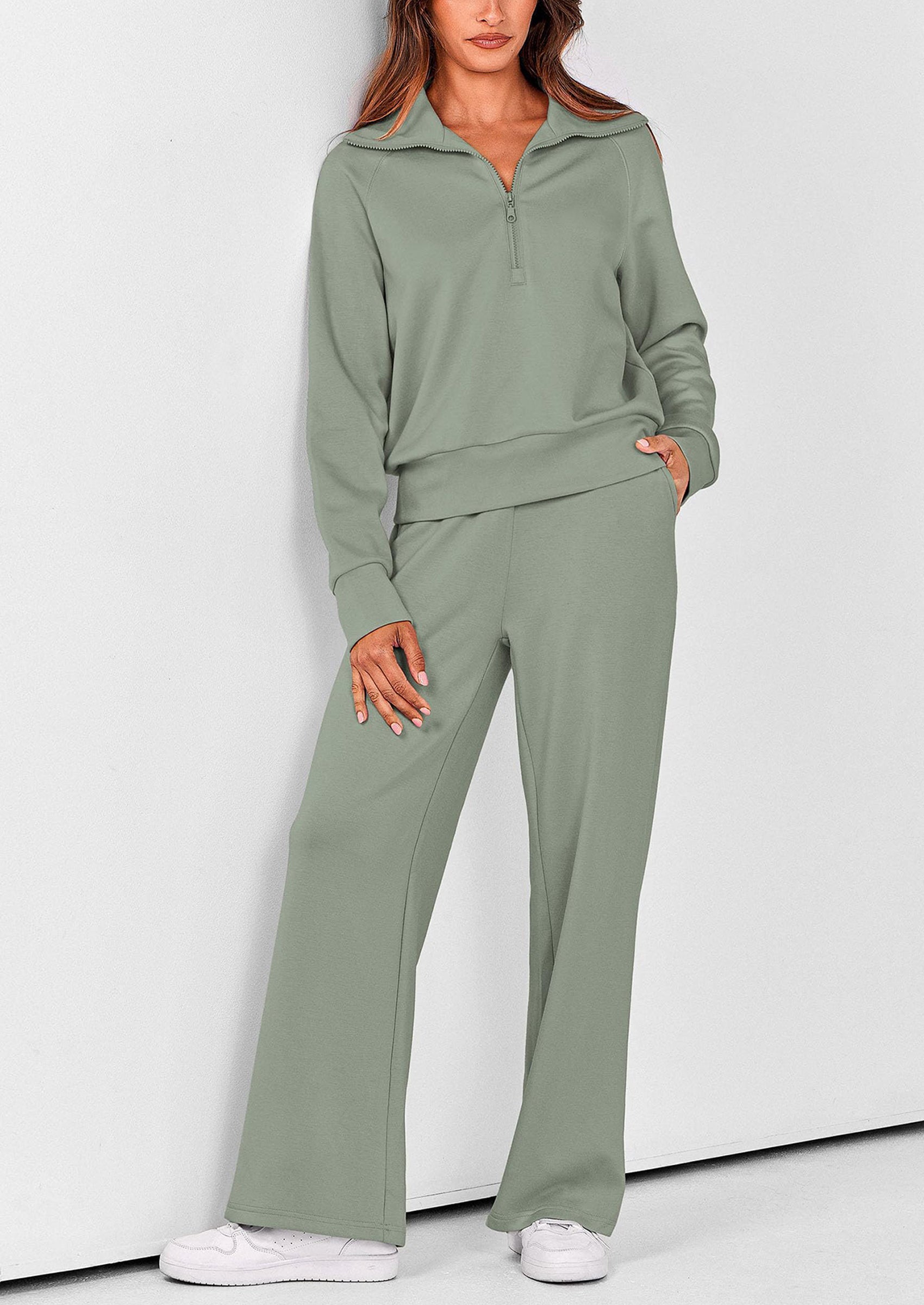 Women's 2 Piece Outfits Casual Lapel Half Zip Sweatshirts And Wide Leg Pants Tracksuit Sets