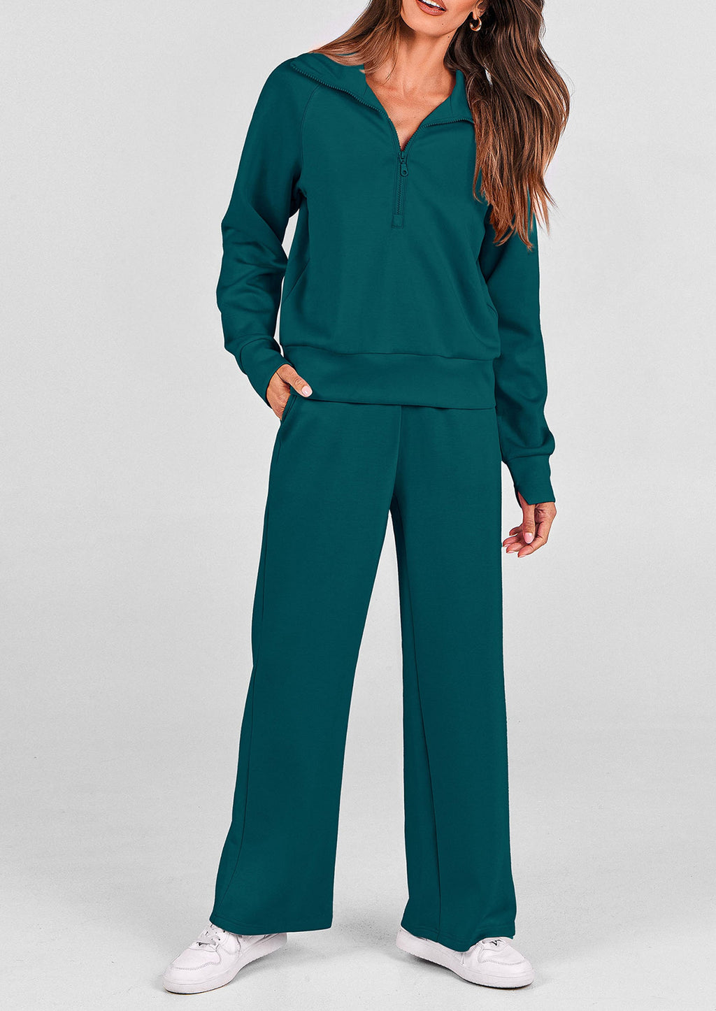 Women's 2 Piece Outfits Casual Lapel Half Zip Sweatshirts And Wide Leg Pants Tracksuit Sets