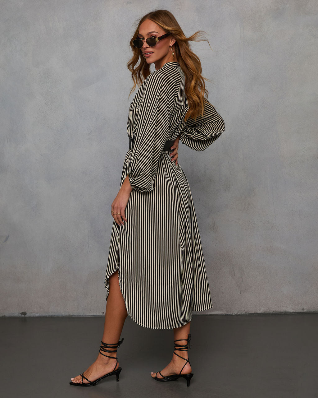 Dimarco Striped Pocketed Belted Midi Dress