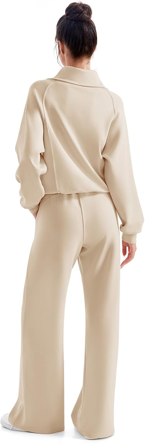 SUUKSESS Women 2 Piece Lounge Matching Set Wide Leg Sweatpant Half Zip Sweatshirt