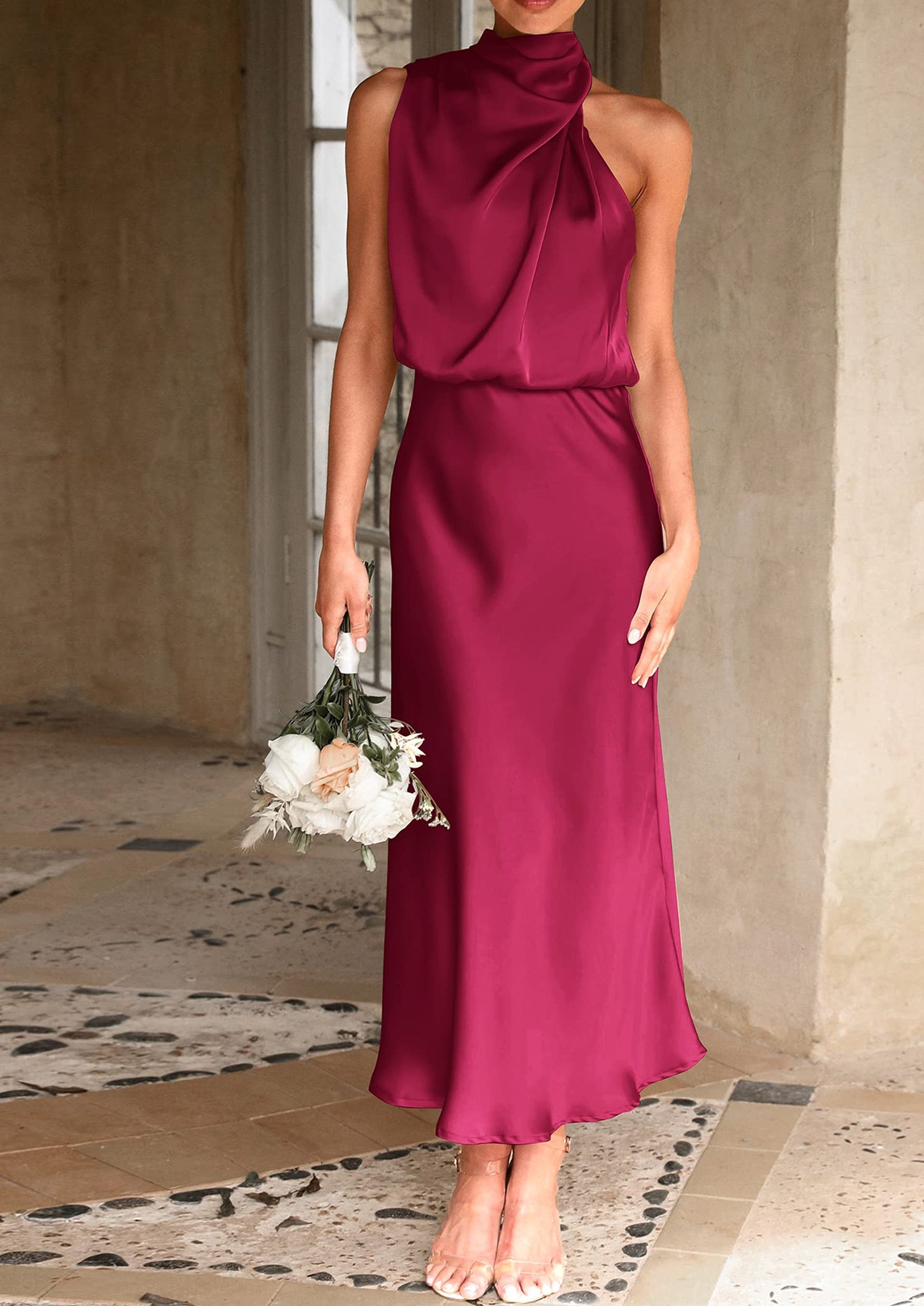 Women's Summer Satin Dress Elegant Sleeveless Mock Neck Cocktail Party Maxi Dresses