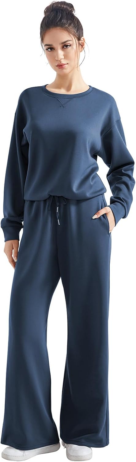 SUUKSESS Women Modal Fall 2 piece outfits Oversized Sweatshirt Wide Leg Pants