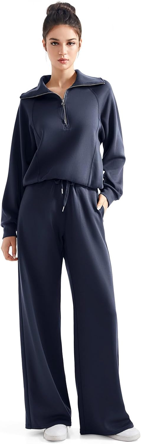 SUUKSESS Women 2 Piece Lounge Matching Set Wide Leg Sweatpant Half Zip Sweatshirt