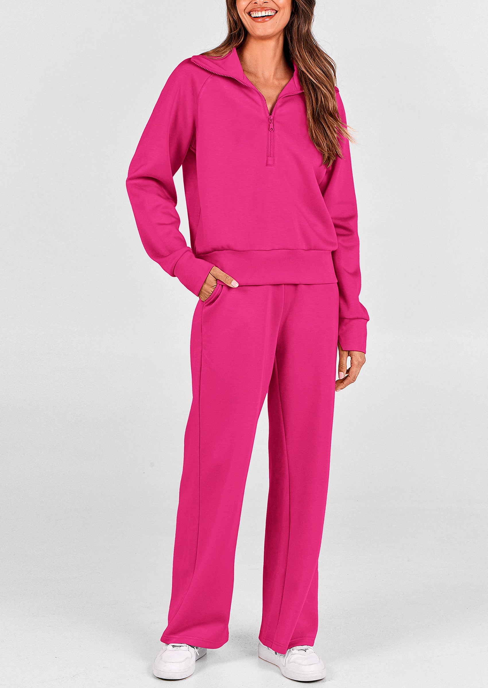 Women's 2 Piece Outfits Casual Lapel Half Zip Sweatshirts And Wide Leg Pants Tracksuit Sets