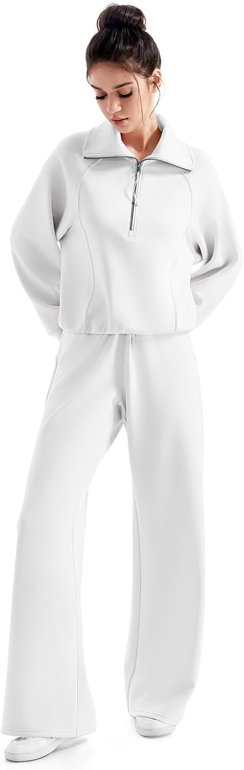 SUUKSESS Women 2 Piece Lounge Matching Set Wide Leg Sweatpant Half Zip Sweatshirt