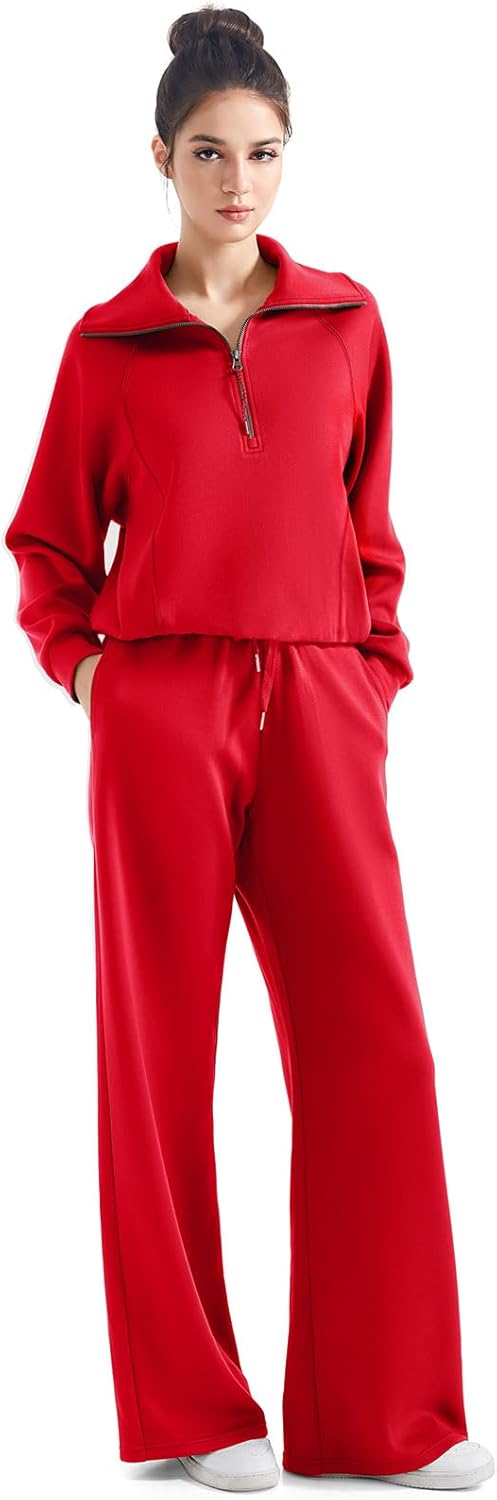 SUUKSESS Women 2 Piece Lounge Matching Set Wide Leg Sweatpant Half Zip Sweatshirt