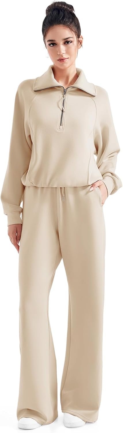 SUUKSESS Women 2 Piece Lounge Matching Set Wide Leg Sweatpant Half Zip Sweatshirt