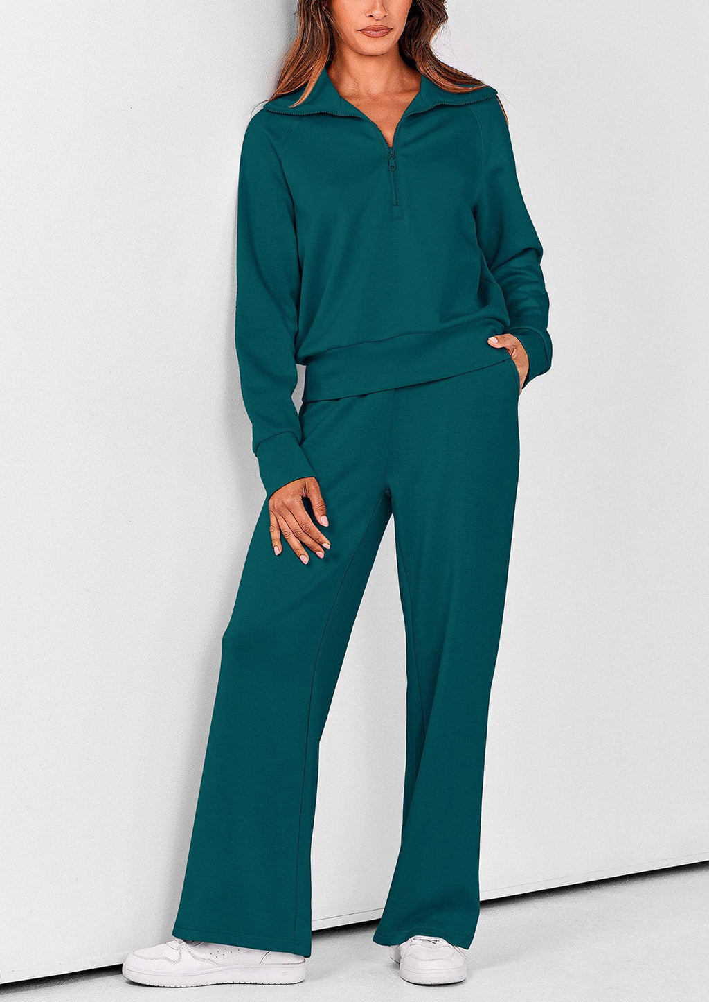 Women's 2 Piece Outfits Casual Lapel Half Zip Sweatshirts And Wide Leg Pants Tracksuit Sets