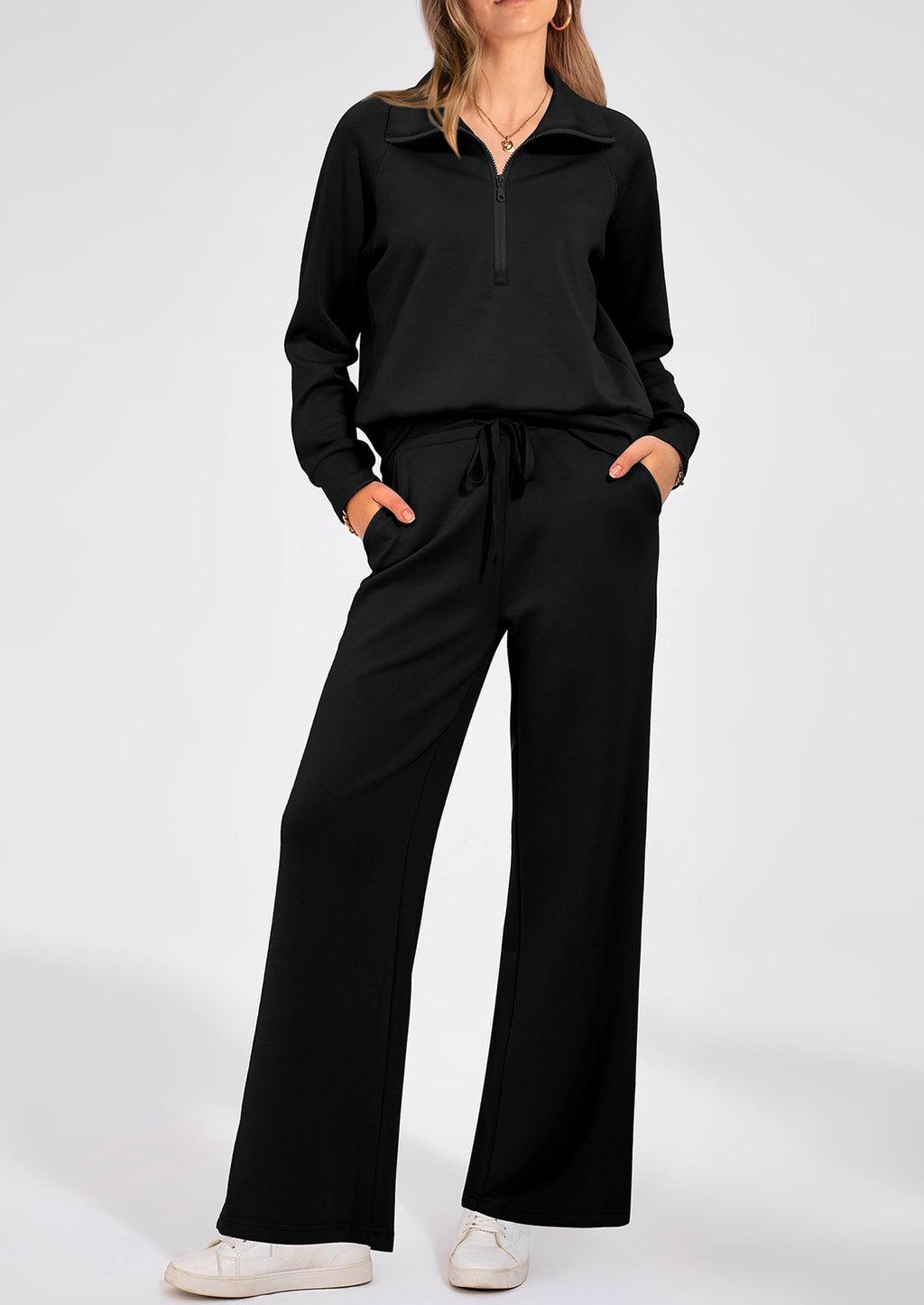 Women's 2 Piece Outfits Casual Lapel Half Zip Sweatshirts And Wide Leg Pants Tracksuit Sets