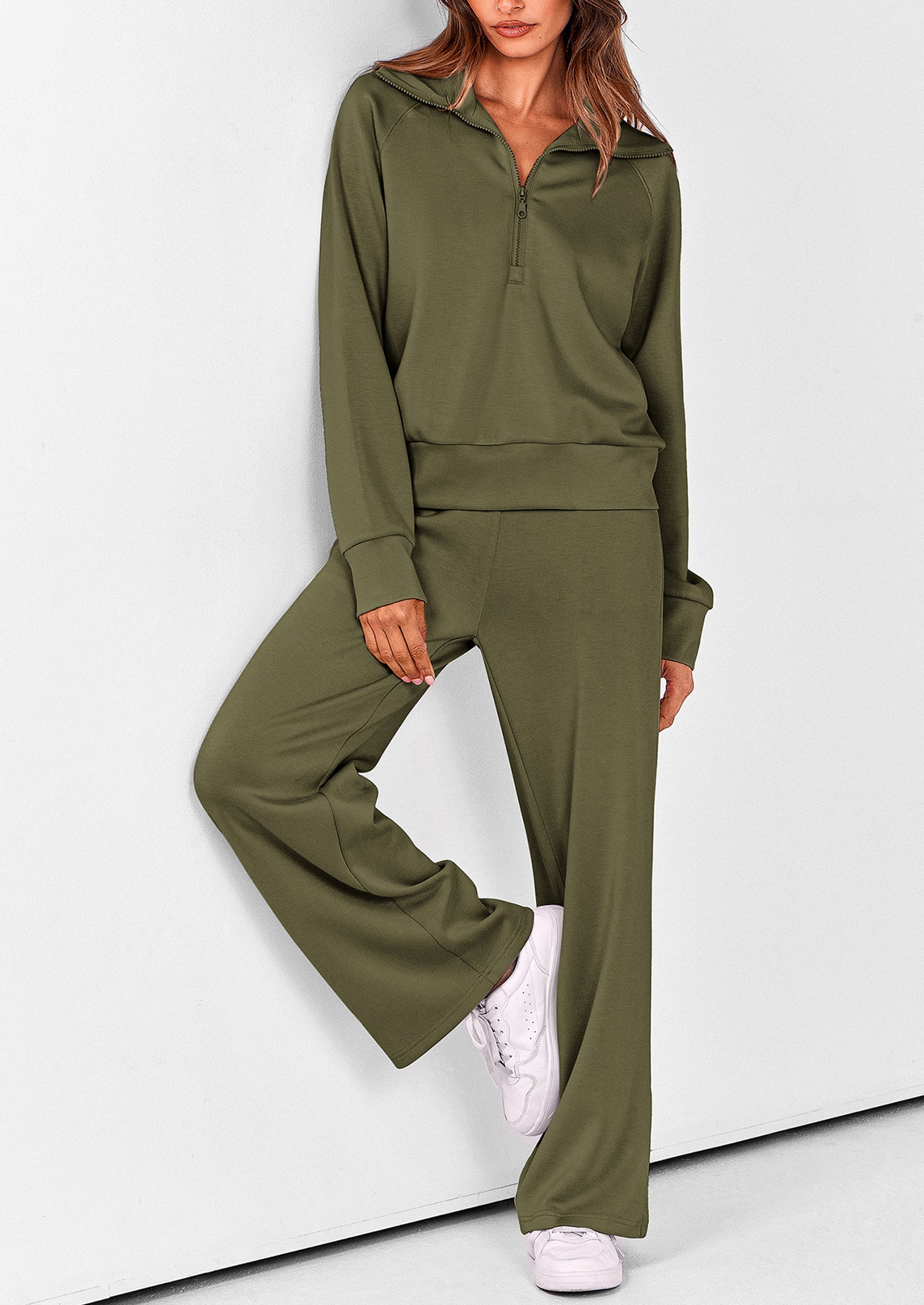 Women's 2 Piece Outfits Casual Lapel Half Zip Sweatshirts And Wide Leg Pants Tracksuit Sets