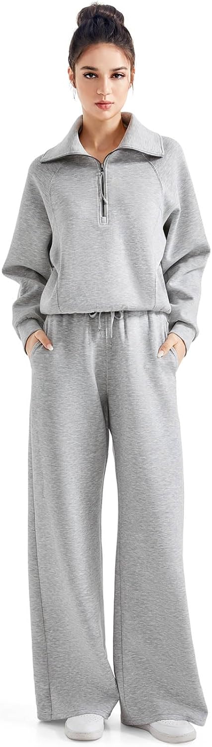 SUUKSESS Women 2 Piece Lounge Matching Set Wide Leg Sweatpant Half Zip Sweatshirt