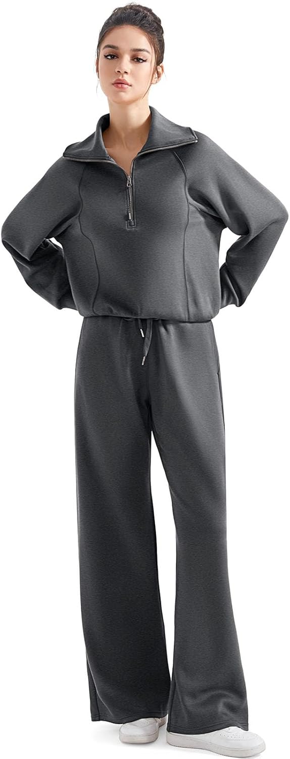 SUUKSESS Women 2 Piece Lounge Matching Set Wide Leg Sweatpant Half Zip Sweatshirt