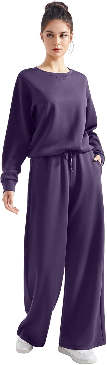 SUUKSESS Women Modal Fall 2 piece outfits Oversized Sweatshirt Wide Leg Pants