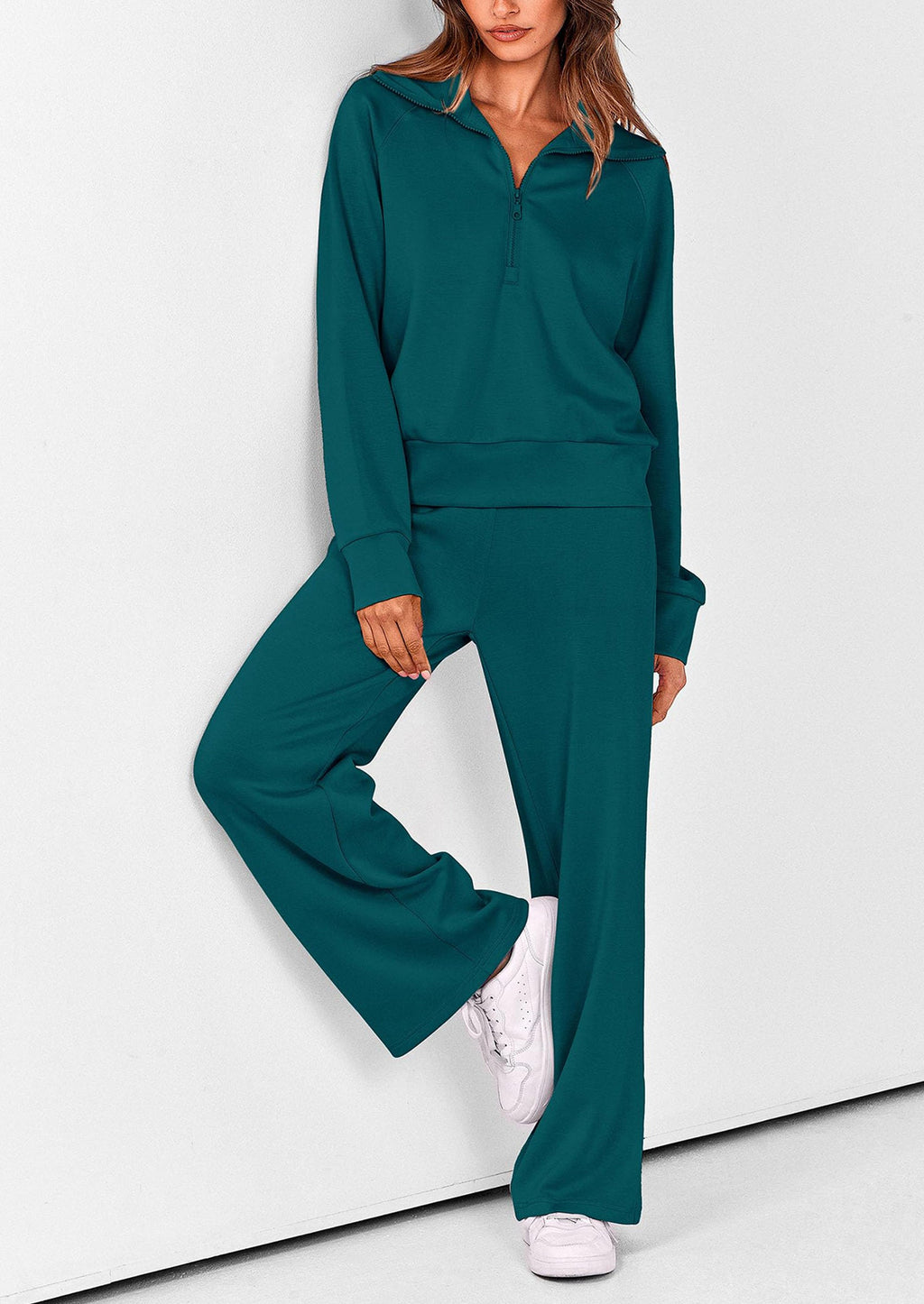 Women's 2 Piece Outfits Casual Lapel Half Zip Sweatshirts And Wide Leg Pants Tracksuit Sets