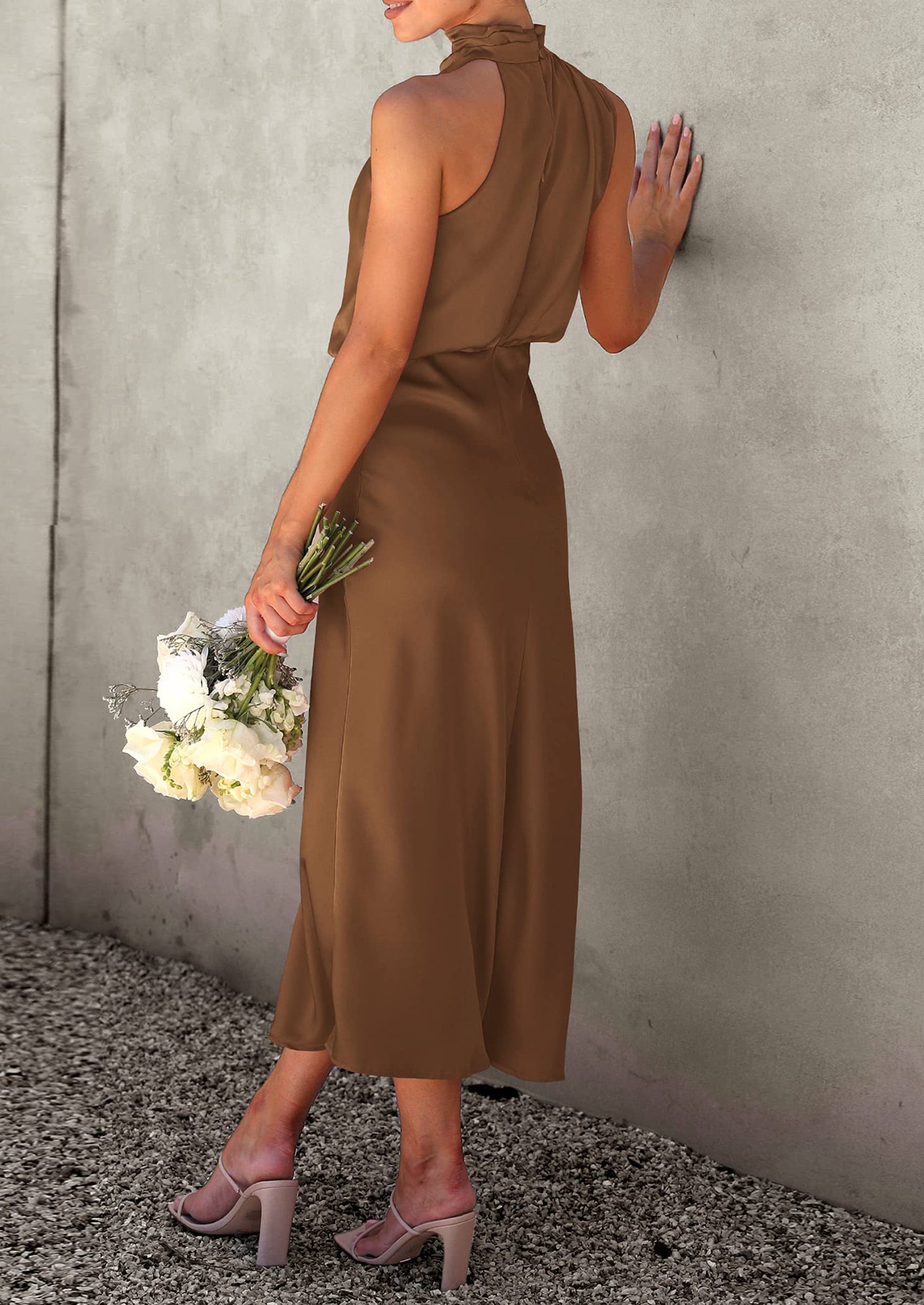Women's Summer Satin Dress Elegant Sleeveless Mock Neck Cocktail Party Maxi Dresses