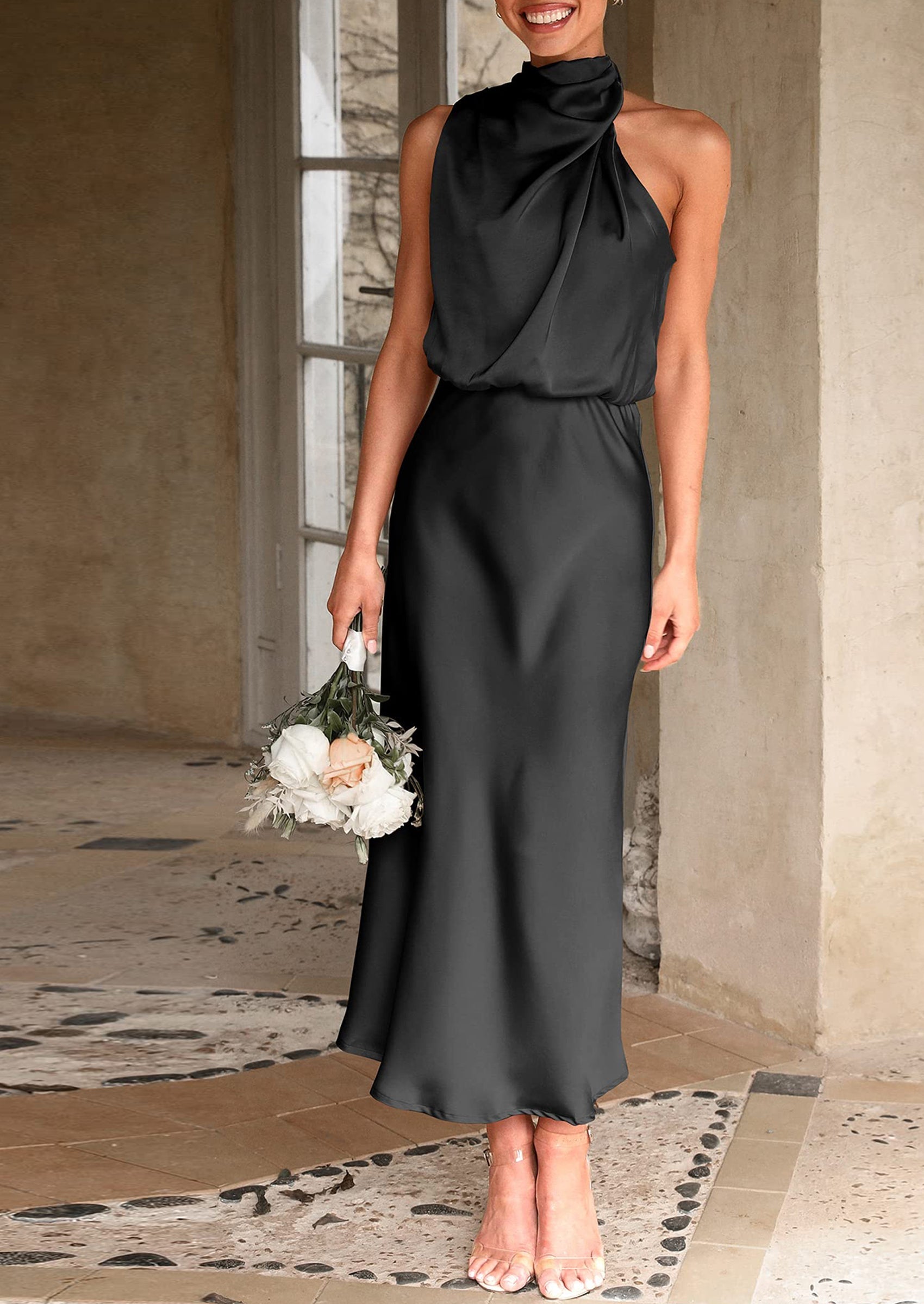 Women's Summer Satin Dress Elegant Sleeveless Mock Neck Cocktail Party Maxi Dresses