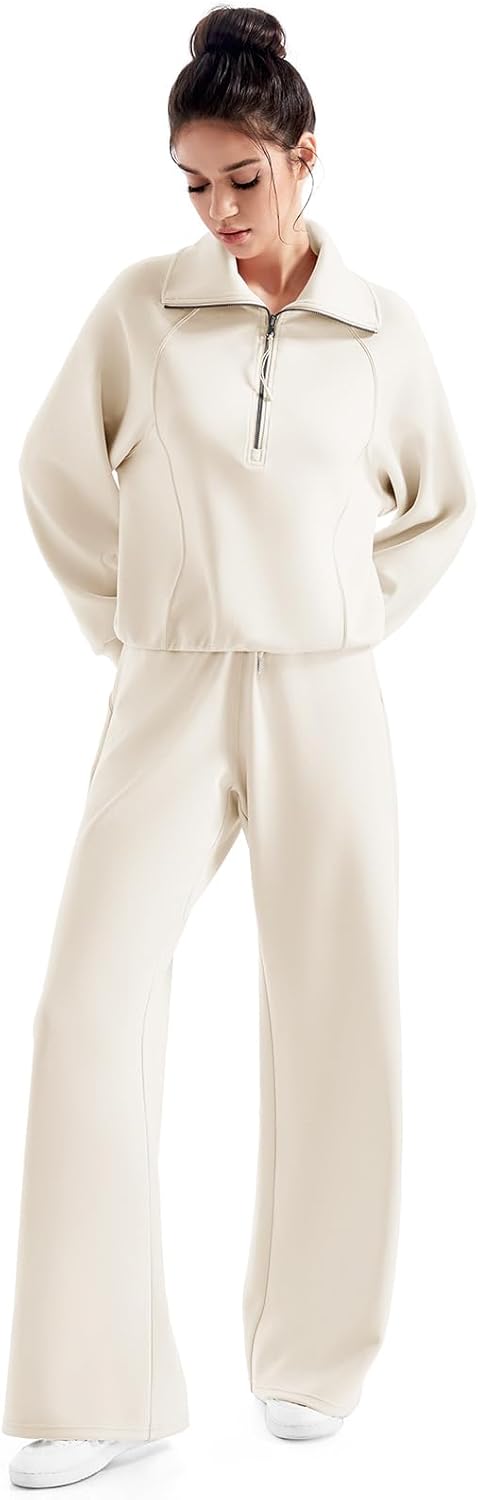 SUUKSESS Women 2 Piece Lounge Matching Set Wide Leg Sweatpant Half Zip Sweatshirt