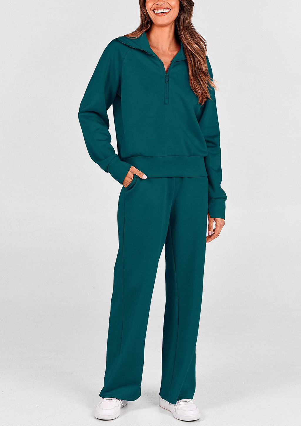 Women's 2 Piece Outfits Casual Lapel Half Zip Sweatshirts And Wide Leg Pants Tracksuit Sets