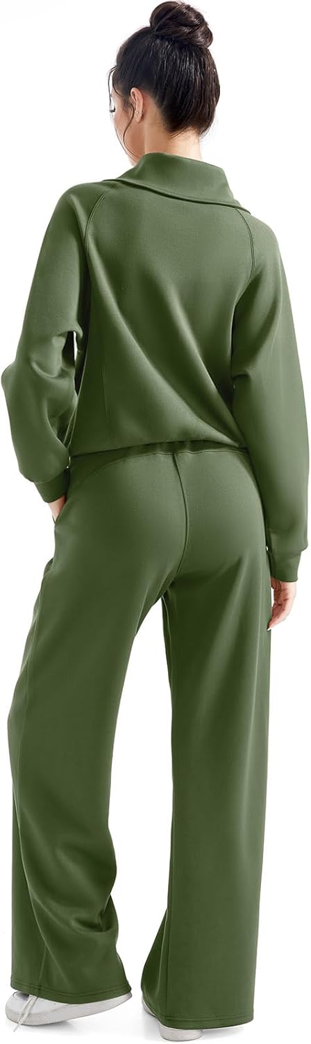 SUUKSESS Women 2 Piece Lounge Matching Set Wide Leg Sweatpant Half Zip Sweatshirt